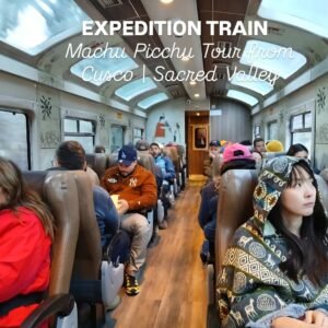 Salkantay Trek hikers returning by train to Machu Picchu through the Sacred Valley mountains