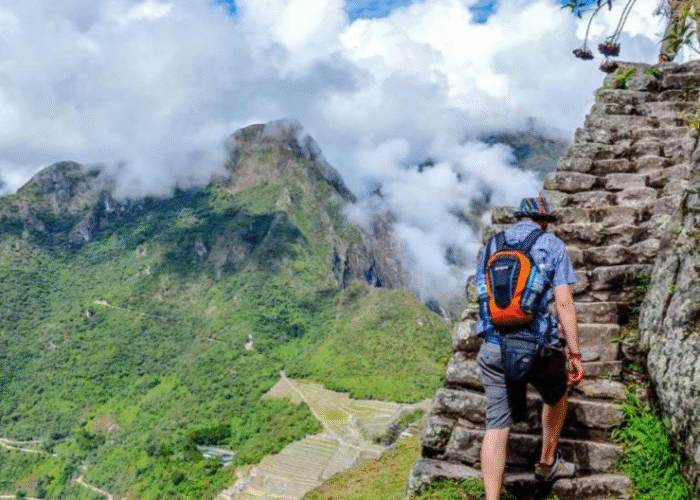 Death Stairs of Huayna Picchu leading up the steep mountain above Machu Picchu, Peru