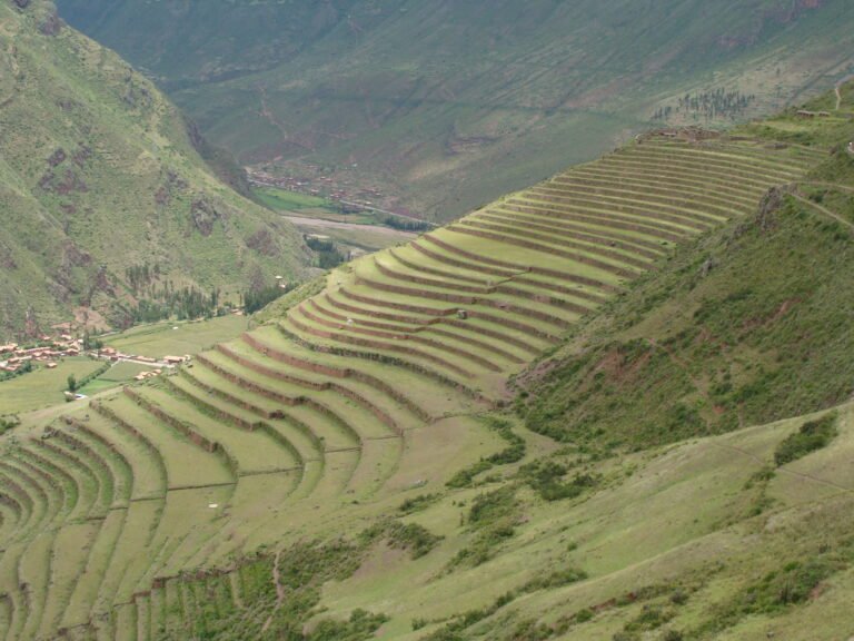 Travelers enjoying a half-day Pisac Ruins Hiking Tour with panoramic views.