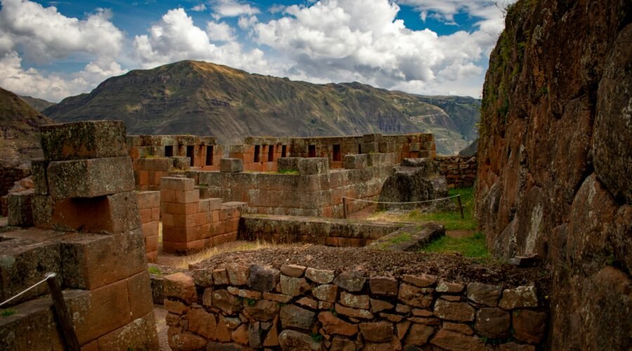 Panoramic view of Pisac Ruins terraces during a tour from Cusco in the Sacred Valley.