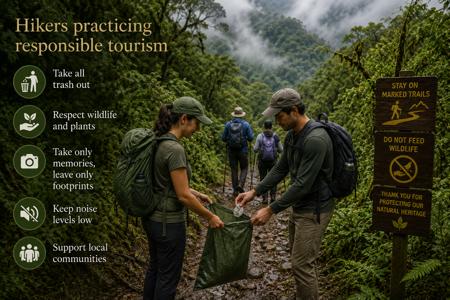 Inca Trail Biodiversity Experience Travelers walking through a biodiverse cloud forest section of the Inca Trail.