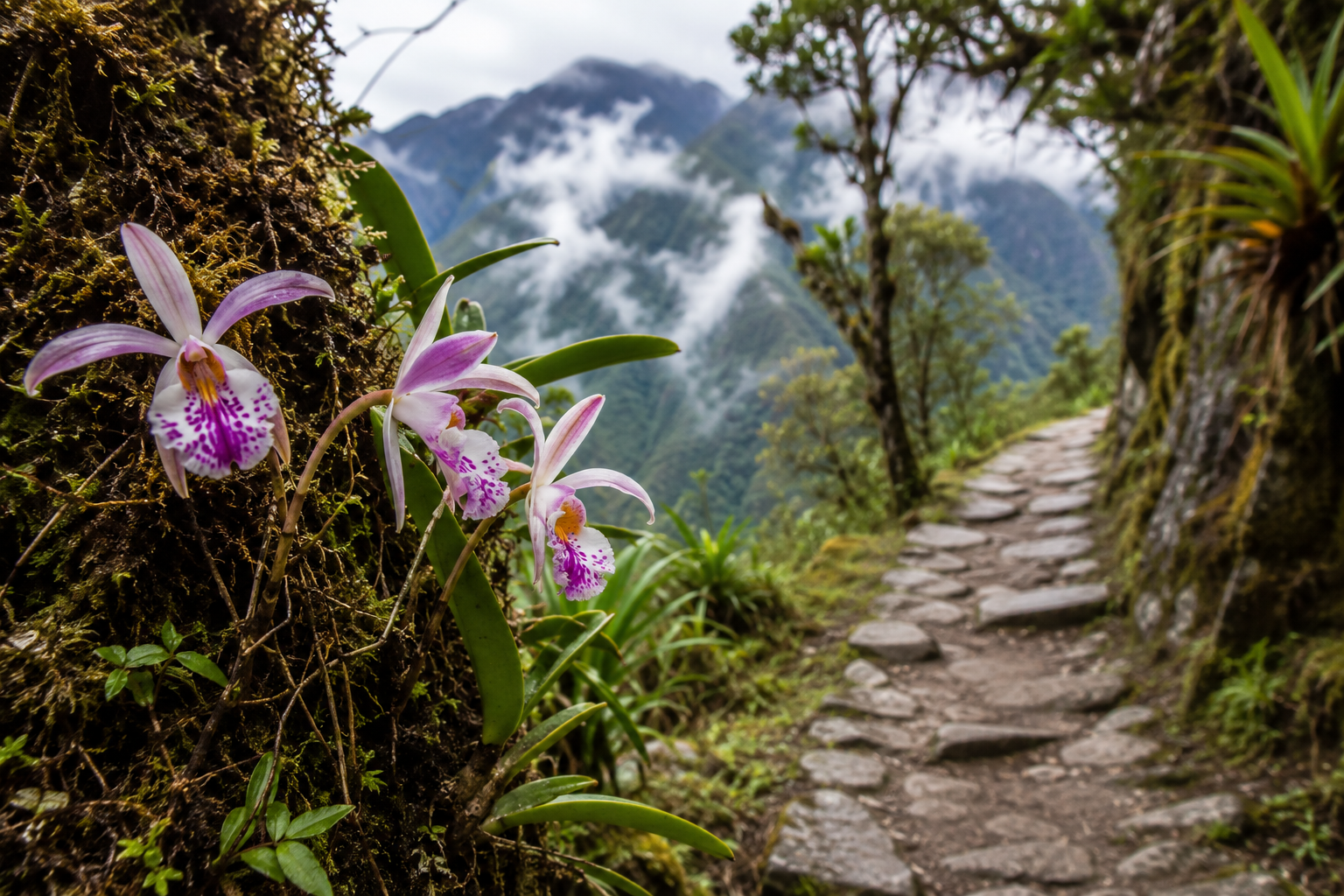 Original Inca stone trail surrounded by vegetation and mountains.