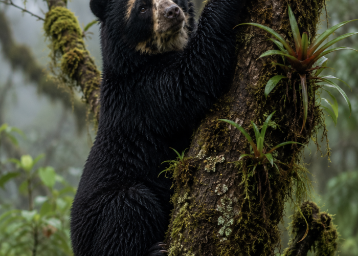 Wild Spectacled Bear in Peru surrounded by lush Andean vegetation.