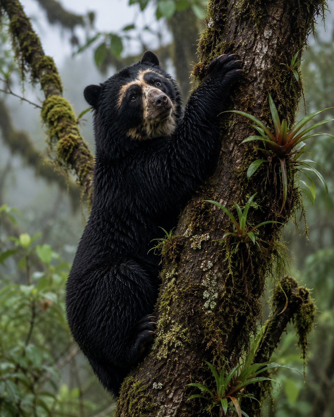 Wild Spectacled Bear in Peru surrounded by lush Andean vegetation.